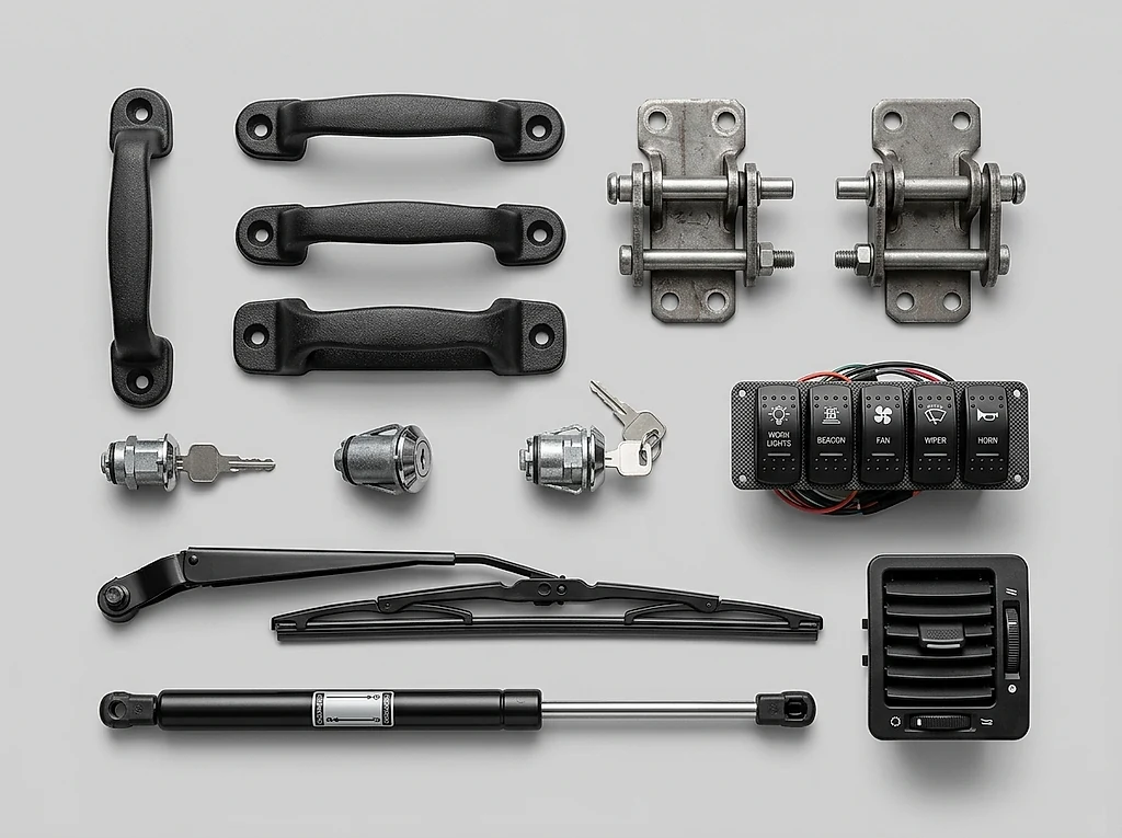 JCB cabin parts — door lock assembly, door handles, latches and wiper mechanisms